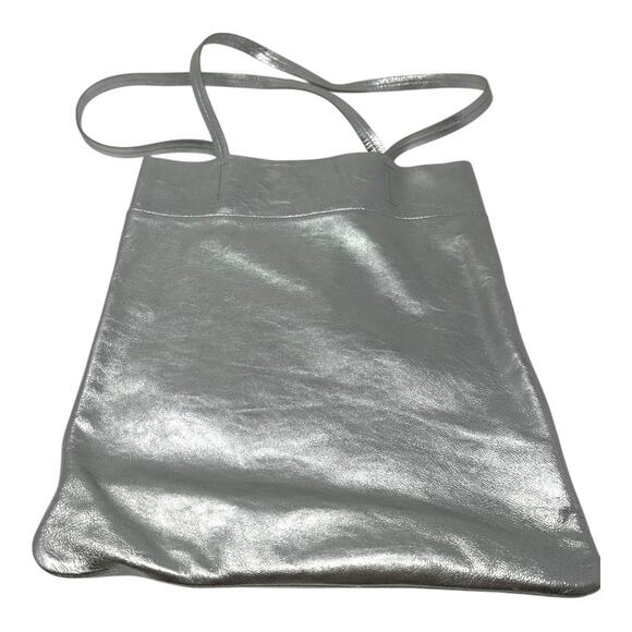 Madewell Silver The Magazine Leather Tote Bag Metallic Shoulder - Picture 2 of 10